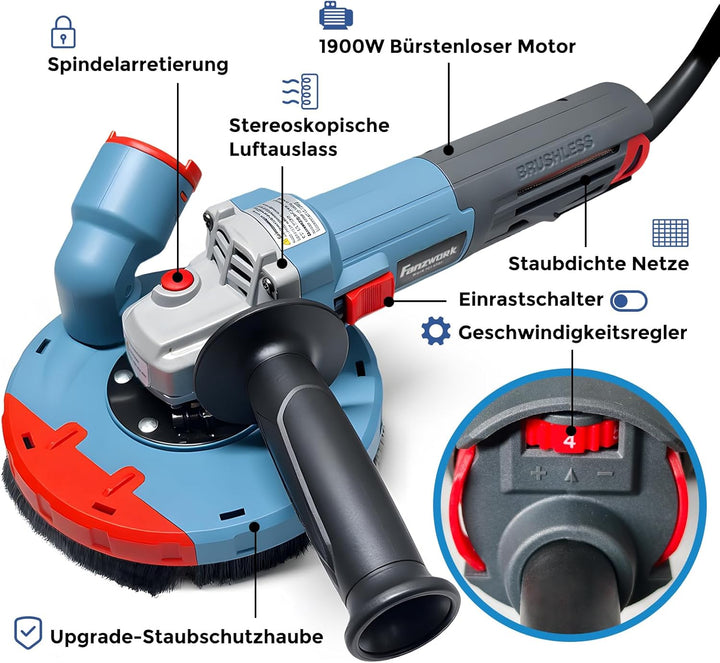 FANZTOOL Betonschleifer Betonfräse Winkelschleifer Absaughaube mit 2100W bürstenlosem EC-Motor (Diam
