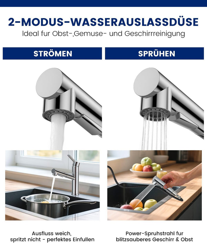 DAYONE Chrom Wasserhahn Küche, SUS304 Edelstahl Küchenarmatur mit Ausziehbarer Brause, 2 Strahlarten
