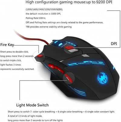 zelotes T90 Gaming Maus 9200 DPI, 8 Programmierbare Tasten, Multi-Modi LED, USB Gaming Maus, Gewicht