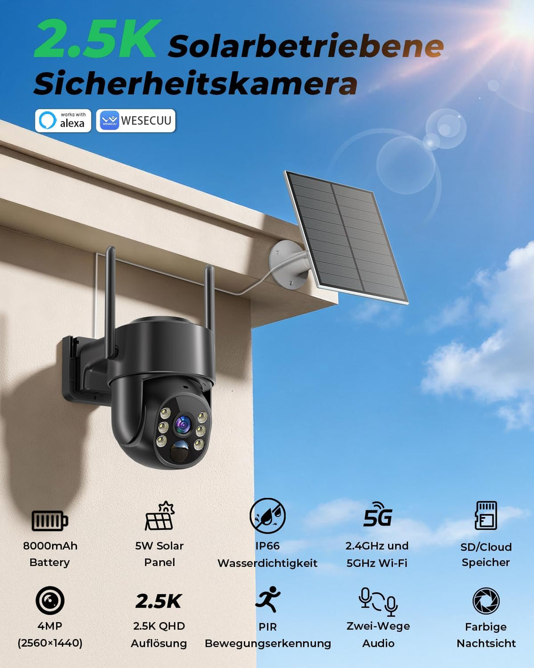 2K 4MP Überwachungskamera Aussen Akku Solar, 2,4G- und 5G-WLAN, 360° PTZ-Aussenkamera mit Batteriebe