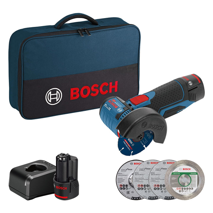 Bosch Professional 12V System Akku Winkelschleifer GWS 12V-76 (inkl. 2x 2.0Ah Akku, 5tlg. Trenn- und