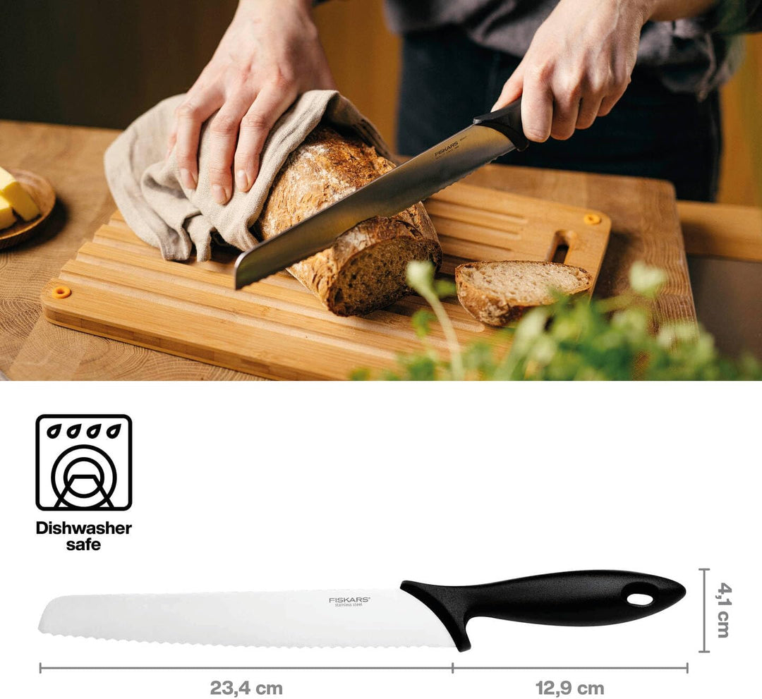 Fiskars Brotmesser mit Wellenschliff, Essential, Kunststoff/Edelstahl, Klingenlänge: 23 cm, Schwarz/