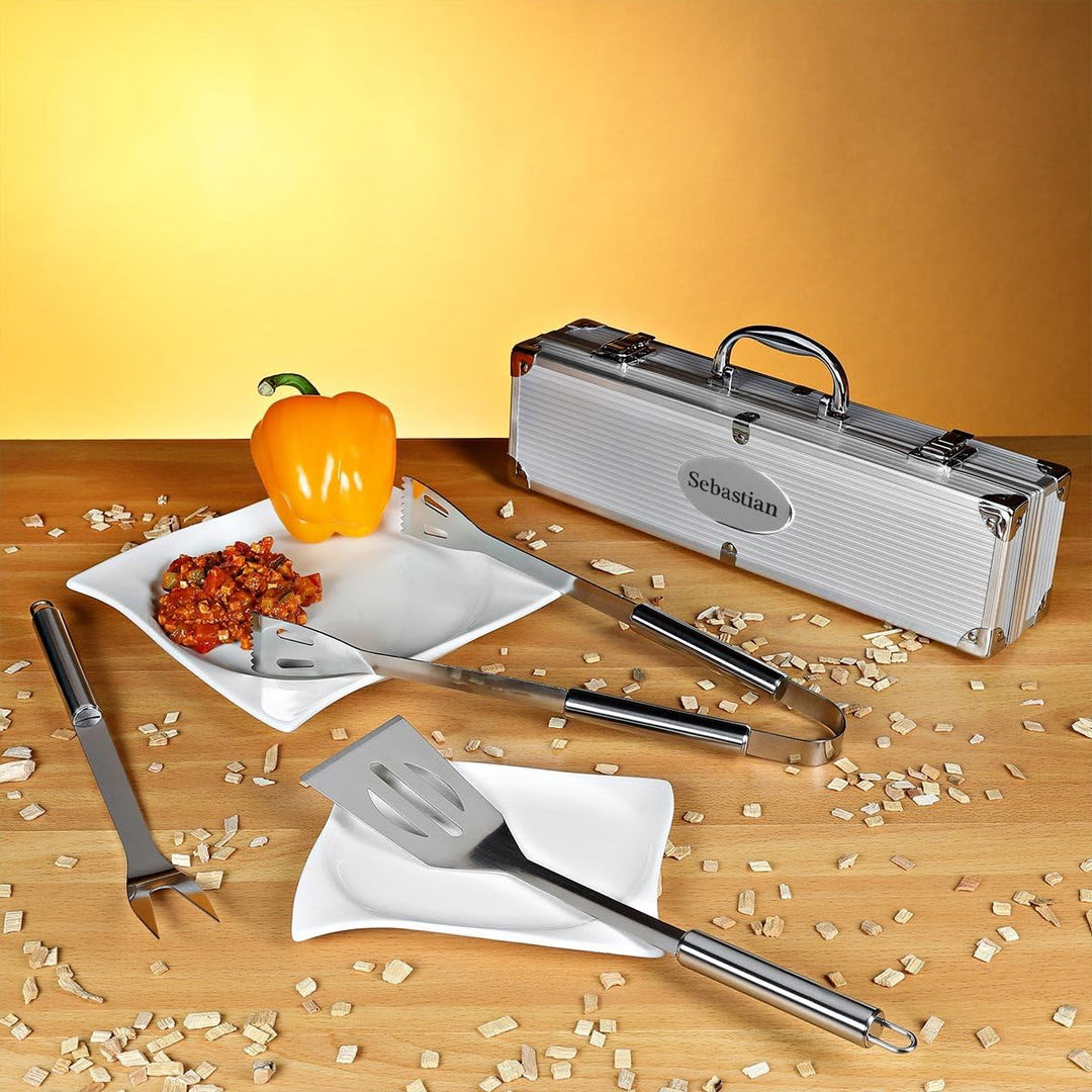 polar-effekt Grillkoffer Set BBQ Koffer mit Gravur - Personalisierbares Edelstahl Grillbesteck 3-tei