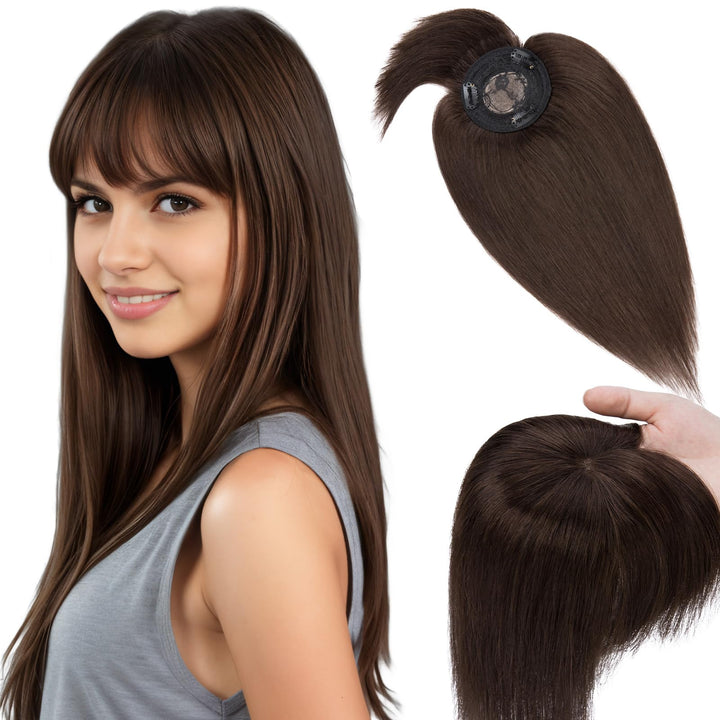 Elailite Hair Topper Echthaar, Toupet Damen mit langem Pony, Clip in Haarteil, Haartopper Basis 10x1