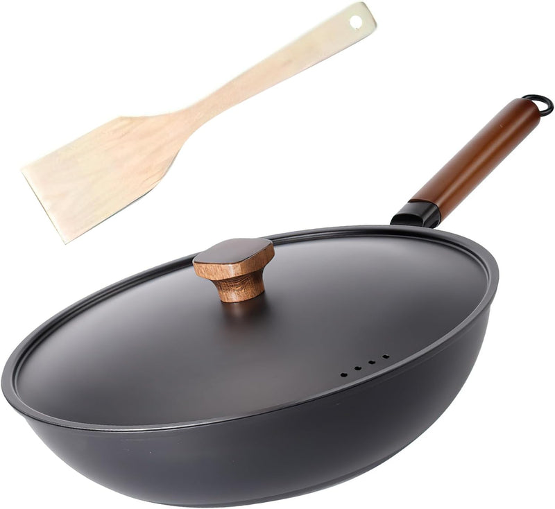 W&H 32cm/5,2L Wokpfanne mit Deckel,Ohne Chemische Beschichtung,Gusseisen Wok zum Kochen, Braten und