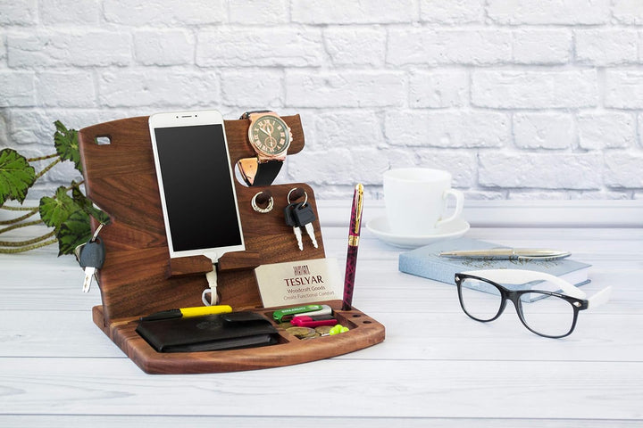 TESLYAR Holz Telefon Dockingstation Nussbaum Geldbörsenständer Schlüsselhalter & Uhren Organisator H