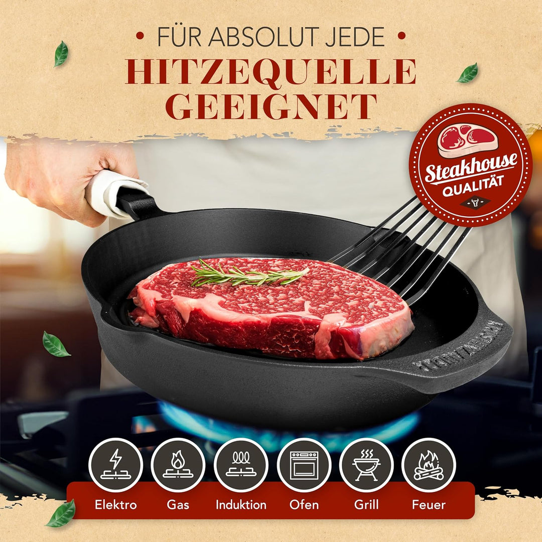 KRUSTENZAUBER 28cm Gusseisenpfanne Induktion Set - Voreingebrannte Gusseisen Pfanne - Ideale Grillpf