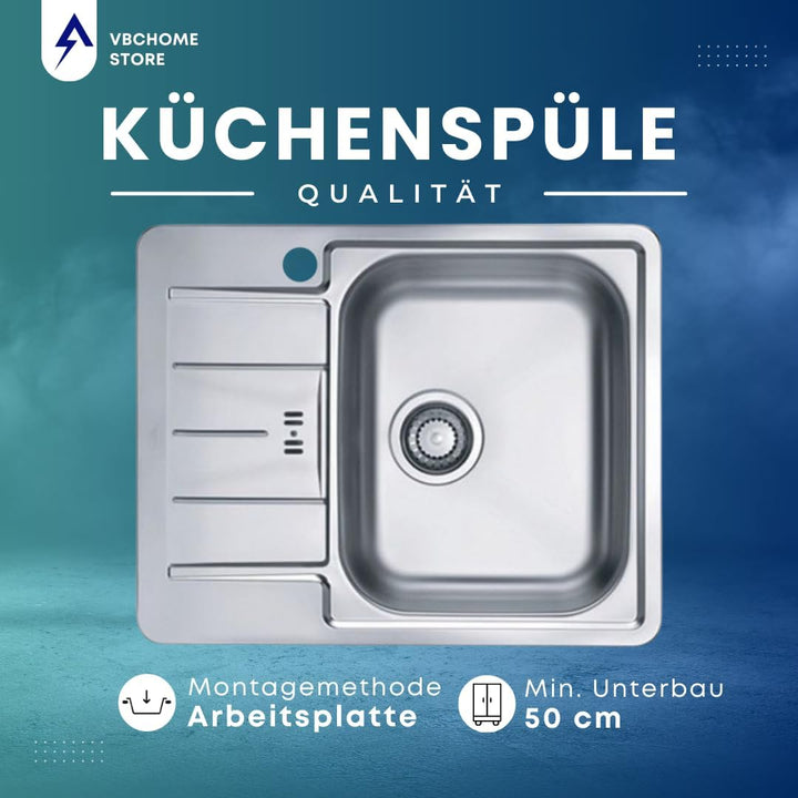 VBChome Edelstahlspüle 62x50 cm Satinstruktur Einbauspüle mit Hahnloch Spülbecken Abtropffläche Link