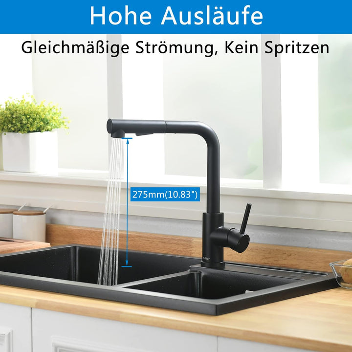 Tohlar Niederdruck Armatur Küche Ausziehbar Schwarz mit Magnet Andocken Brause, Edelstahl Wasserhahn