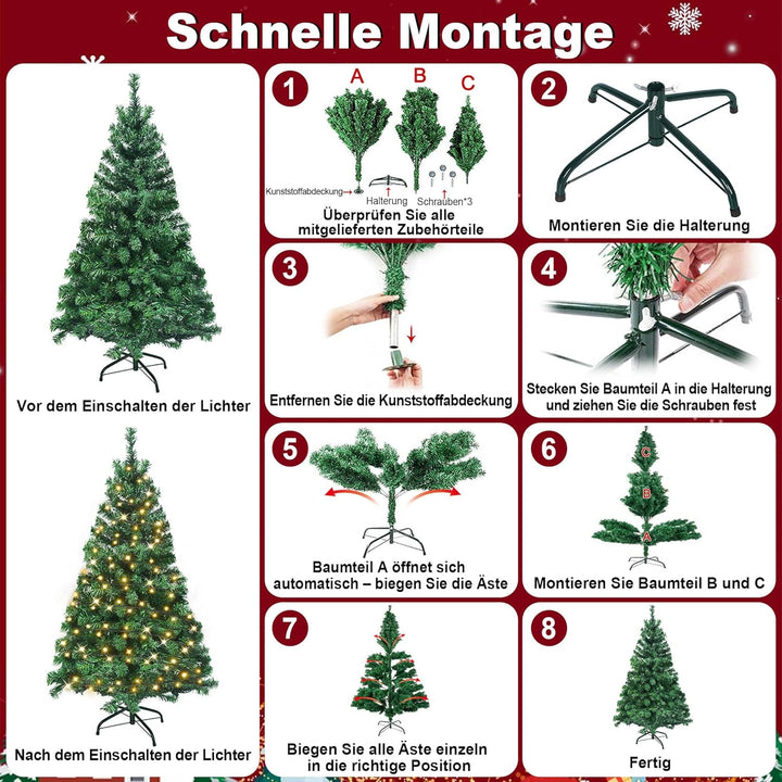 YRHome 150cm Grün PVC Künstlicher Weihnachtsbaum mit Beleuchtung - 180 Leuchten LED Christbaum Tanne