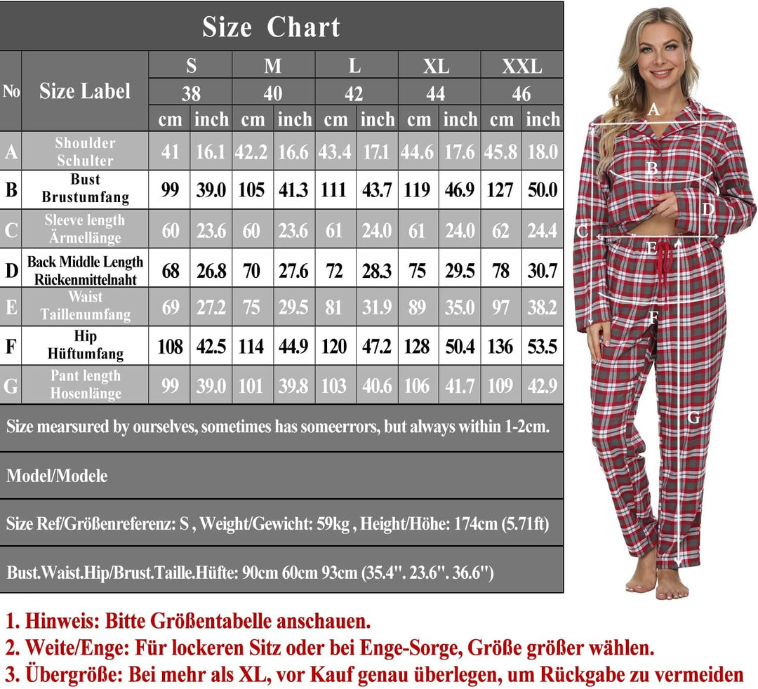 Mnemo Home Damen Schlafanzug Lang Flanell Pyjama Damen 100% Baumwolle aus Flanell Rot M, Rot M