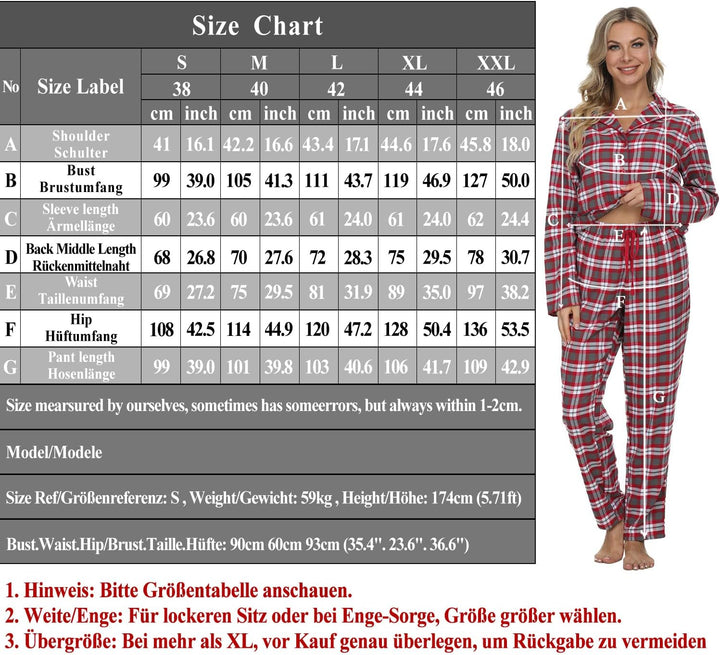 Mnemo Home Damen Schlafanzug Lang Flanell Pyjama Damen 100% Baumwolle aus Flanell Rot M, Rot M
