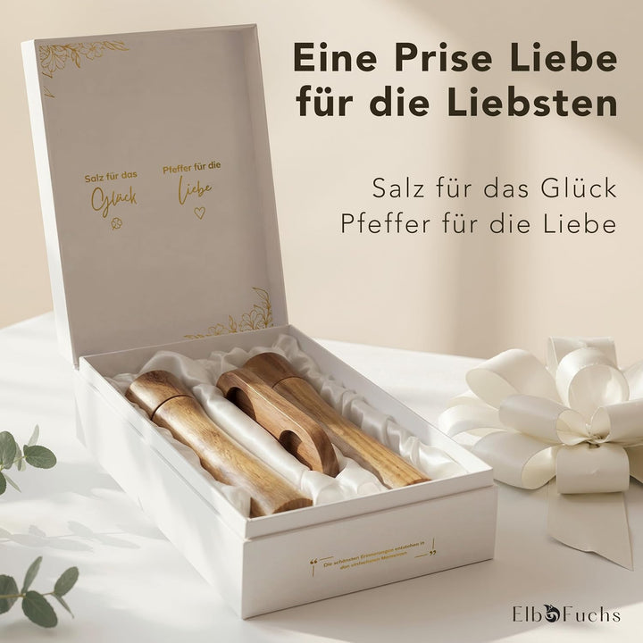 ElbFuchs Salz und Pfeffermühle Holz Set aus Akazienholz mit Untersetzer, 2 grosse Gewürzmühlen stufe