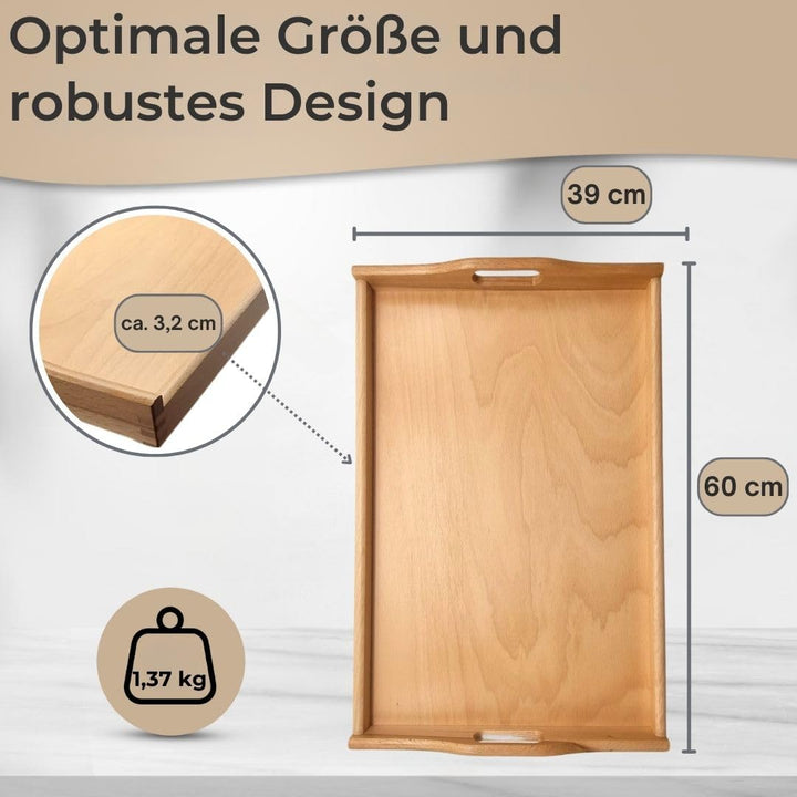 Premium Holz-Tablett Serviertablett Buche Natur lackiert Made in Germany, gross - 60 x 39 cm, Frühst