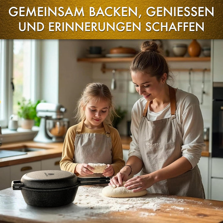Gusseisen Topf Brot Backen mit Gärkörbchen – eingebrannte Brotbackform mit Deckel: 3L Topf & 1,5L Pf