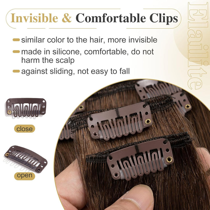 Elailite Extensions Echthaar Clip in 8 Tressen Glatt #4 Mittel braun, Haarverlängerung Real Human Ha