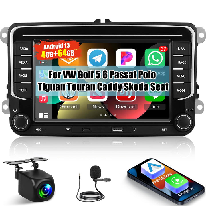 [4+64G] Android Car Stereo für VW Golf 5 6 Passat Polo Tiguan Touran Caddy Skoda Seat mit Wireless C