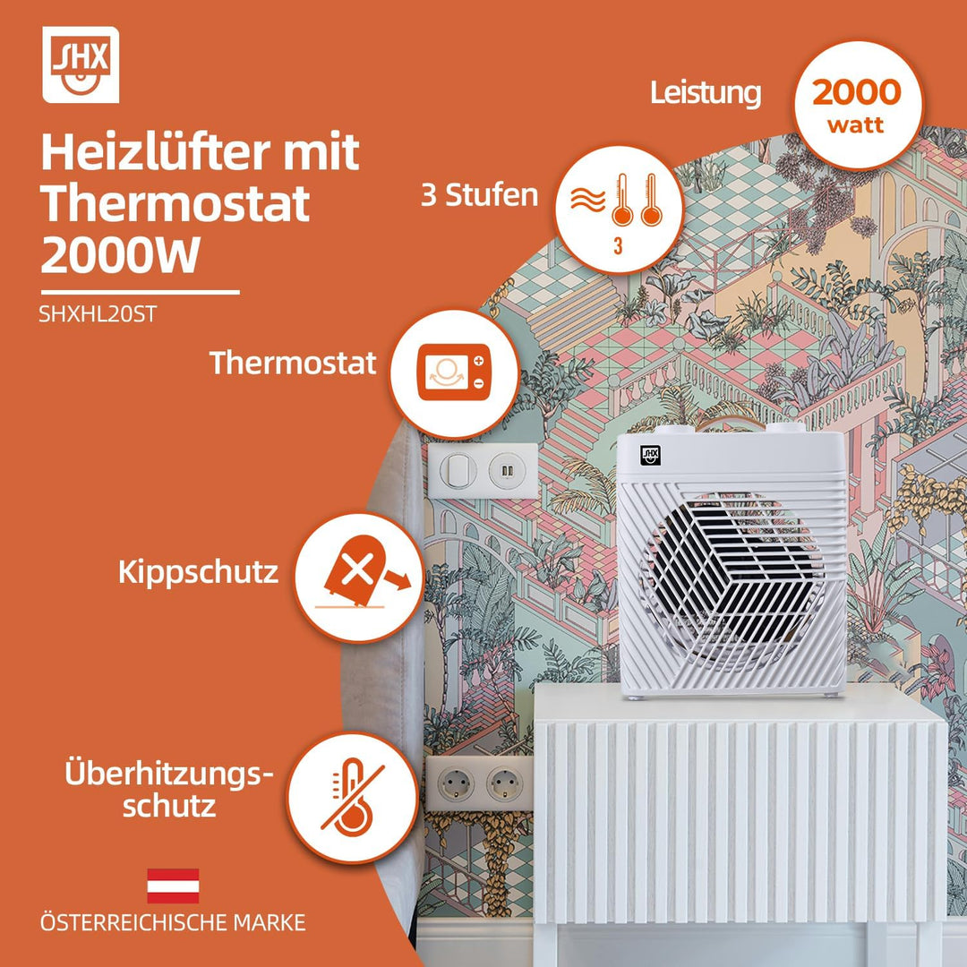 Heizlüfter mit Thermostat 2000W SHXHL20ST | klein und handlich | tragbar | Kipp- und Überhitzungschu