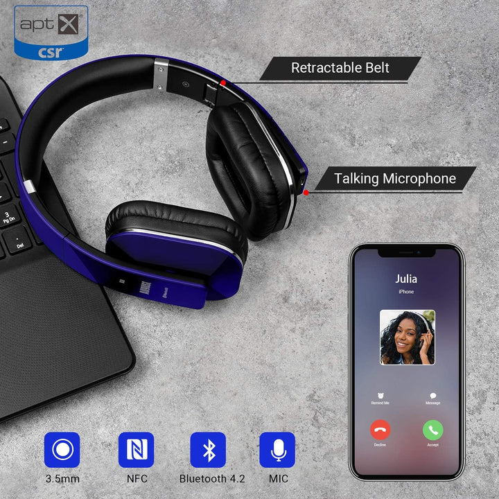 August EP650 - Bluetooth Kopfhörer v4.2 NFC mit aptX Low Latency - Stereo Over Ear Headphones Audio