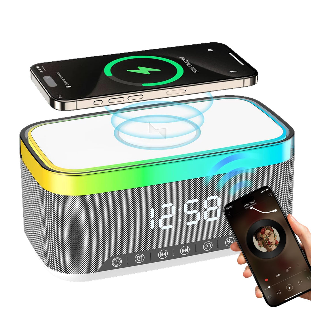 SUNOYA Digitaler Radiowecker mit Kabelloser Ladestation, Bluetooth-Audio-Wecker, Digitaler Wecker, W