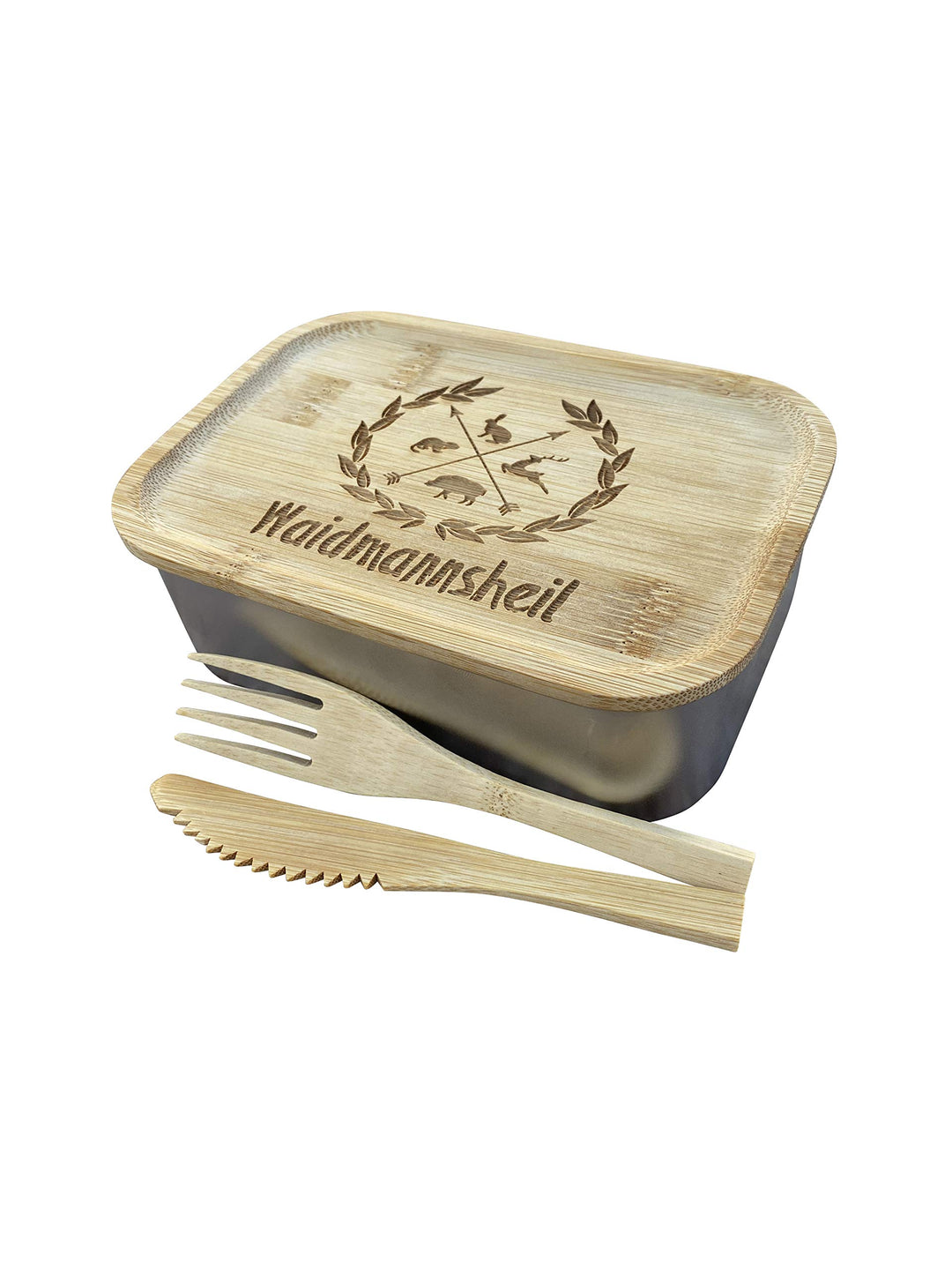 LASERHELD Edelstahl Lunchbox mit Holzdeckel, Besteck, Gummidichtung und Gravur - Jausendose Jausenbo