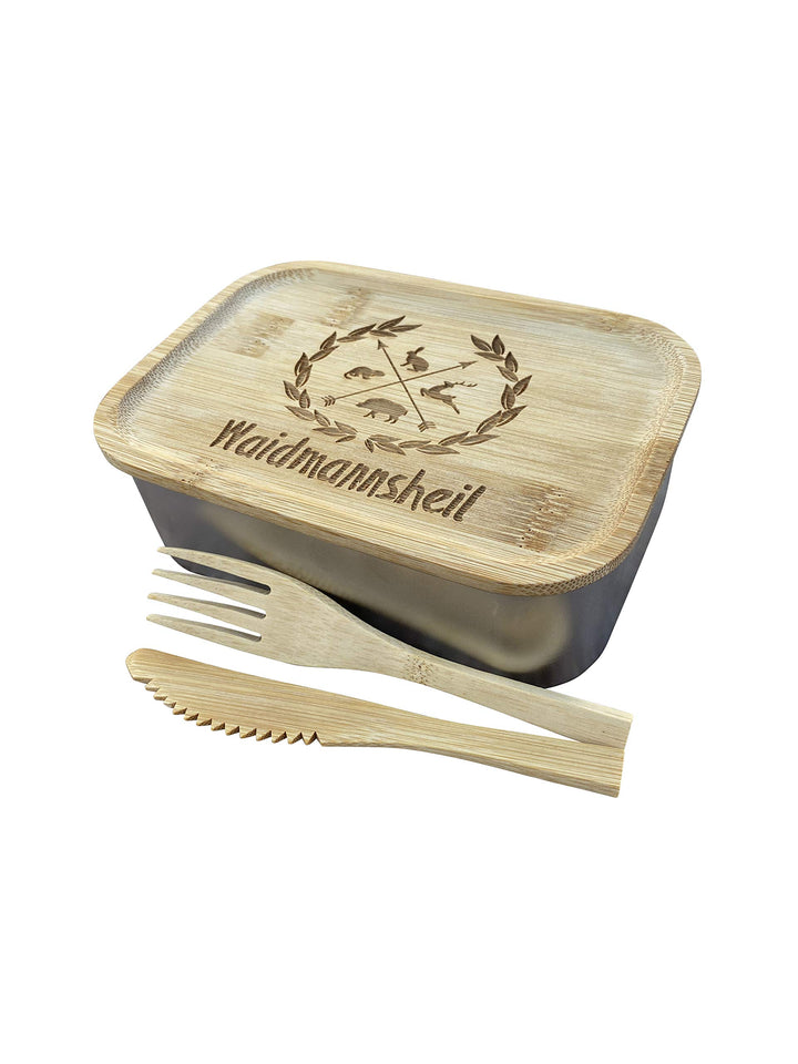 LASERHELD Edelstahl Lunchbox mit Holzdeckel, Besteck, Gummidichtung und Gravur - Jausendose Jausenbo