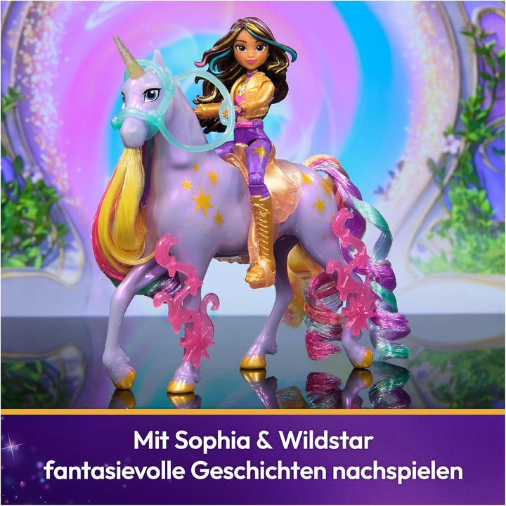 Unicorn Academy Set - Sophia und Einhorn Wildstar mit echter Mähne und Schweif sowie Bürste, ca. 12