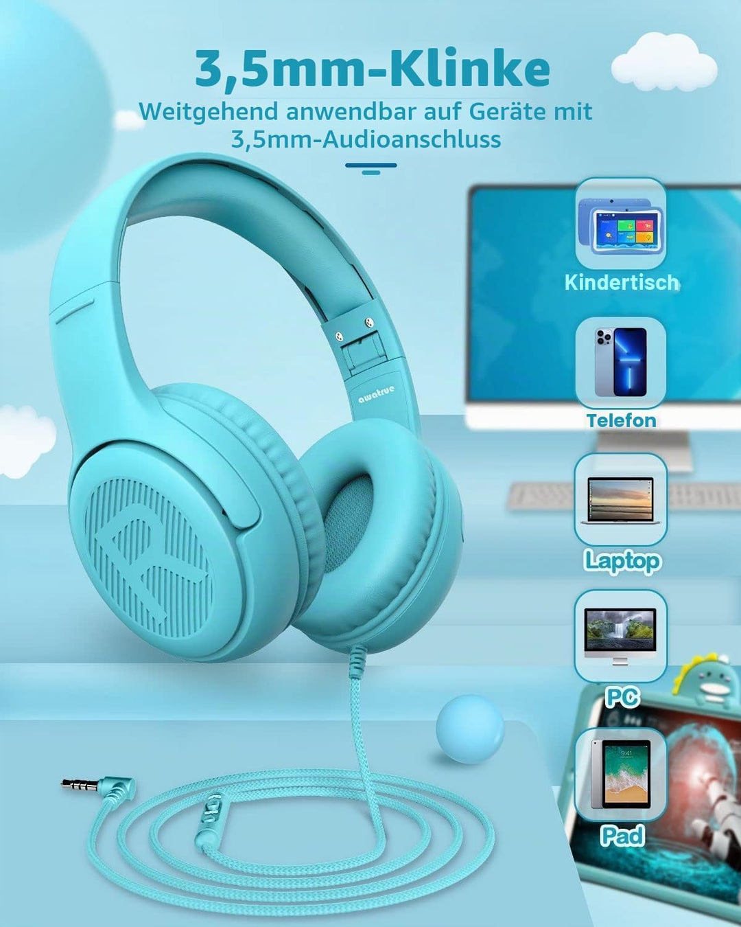 Kopfhörer Kinder, Kabel Kinderkopfhörer mit Mikrofon, Over Ear kopfhörer Kinder 85/94dB Lautstärkenb