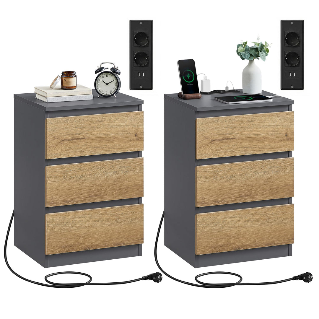 VASAGLE Kailyn Collection - Nachttisch mit Steckdosenleiste, 2er Set, Beistelltisch, 3 Schubladen, 2