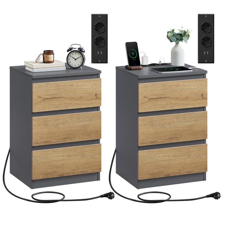 VASAGLE Kailyn Collection - Nachttisch mit Steckdosenleiste, 2er Set, Beistelltisch, 3 Schubladen, 2