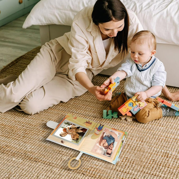 Fotoalbum Baby Kinder Fotobuch aus Bio-Baumwolle Bauernhof I mit Beissring und Anhänger als Erinneru