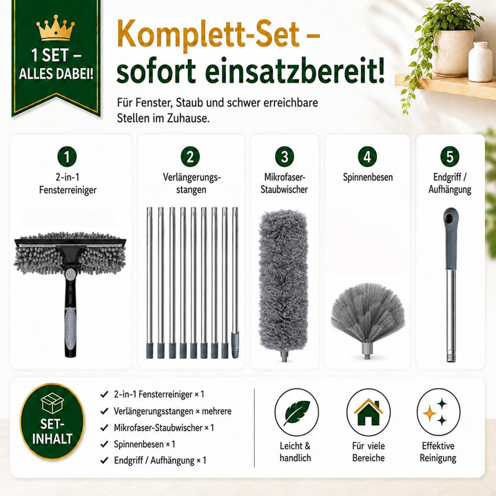 Staubwedel Teleskop 4.2 m, 3-in-1 Reinigungsset mit lang ausziehbarer Teleskopstange, Waschbarem Sta