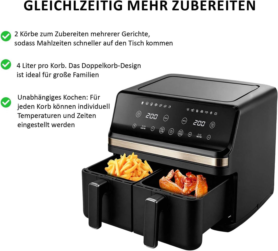 Heissluftfritteuse 2 kammern mit Sichtfenster, 8L Airfryer, 2 Fächer, 12-in-1, Touchscreen, Spülmasc