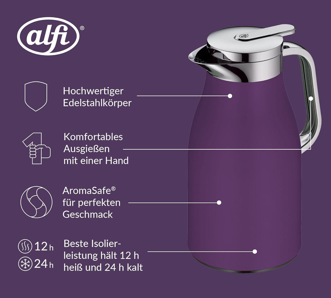 alfi SKYLINE 1,0l, deep lavender, Edelstahl-Isolierkanne mit hygienischem Hartglaseinsatz, Drehversc