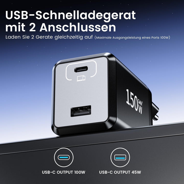 150W USB C Ladegerät, 2-Port Schnellladegerät PD Fast Charger, USB C Stecker kompatibel mit MacBook