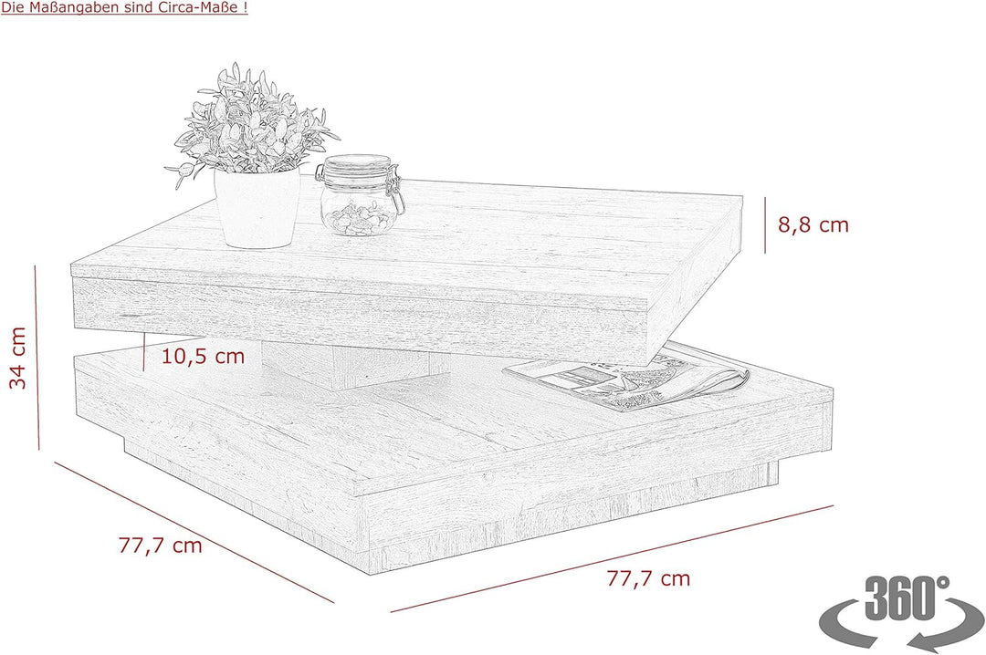 Apollo Funktionscouchtisch Wohnzimmertisch Ben, Quadratisch, Holzwerkstoff melaminbeschichtet, Tisch