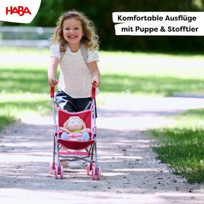 HABA 303815 - Puppenbuggy Jule , Handlicher Buggy mit Anschnallgurt , Lässt sich schnell zusammenkla