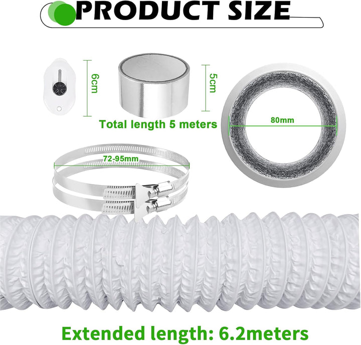 Abluftschlauch 80 mm Länge 6 M PVC Flexibel Alurohr Schlauch Aluminium Aluflexschlauch mit 2 Schlauc