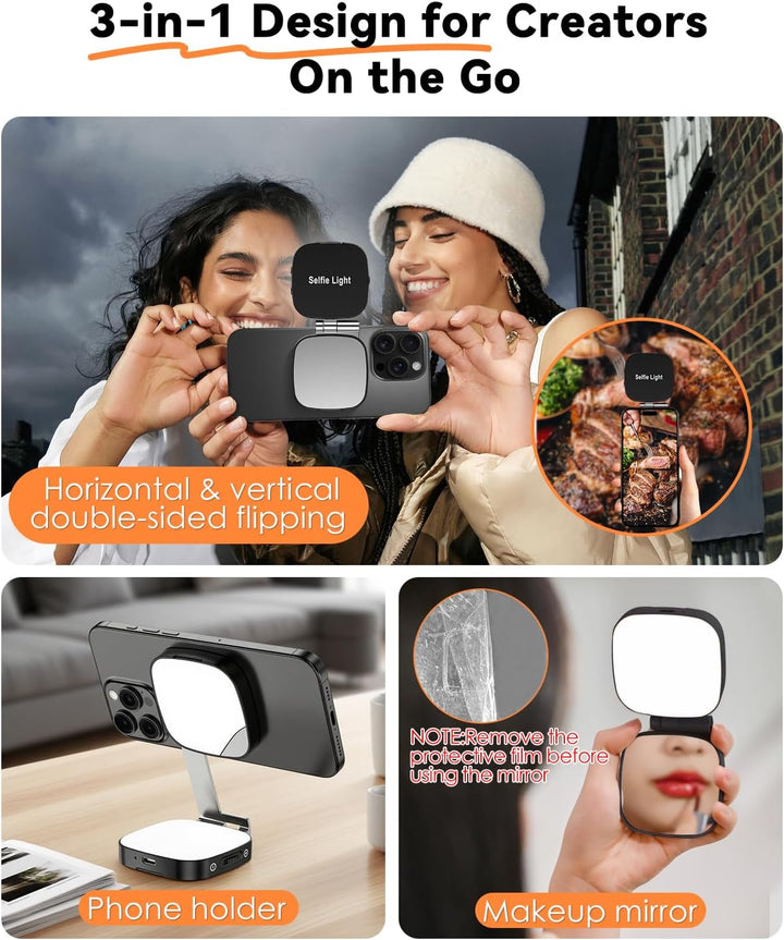 CloudValley Magnetisches Selfie Licht mit Spiegel, 3-in-1 Tragbares LED Ringlicht für iPhone & Andro
