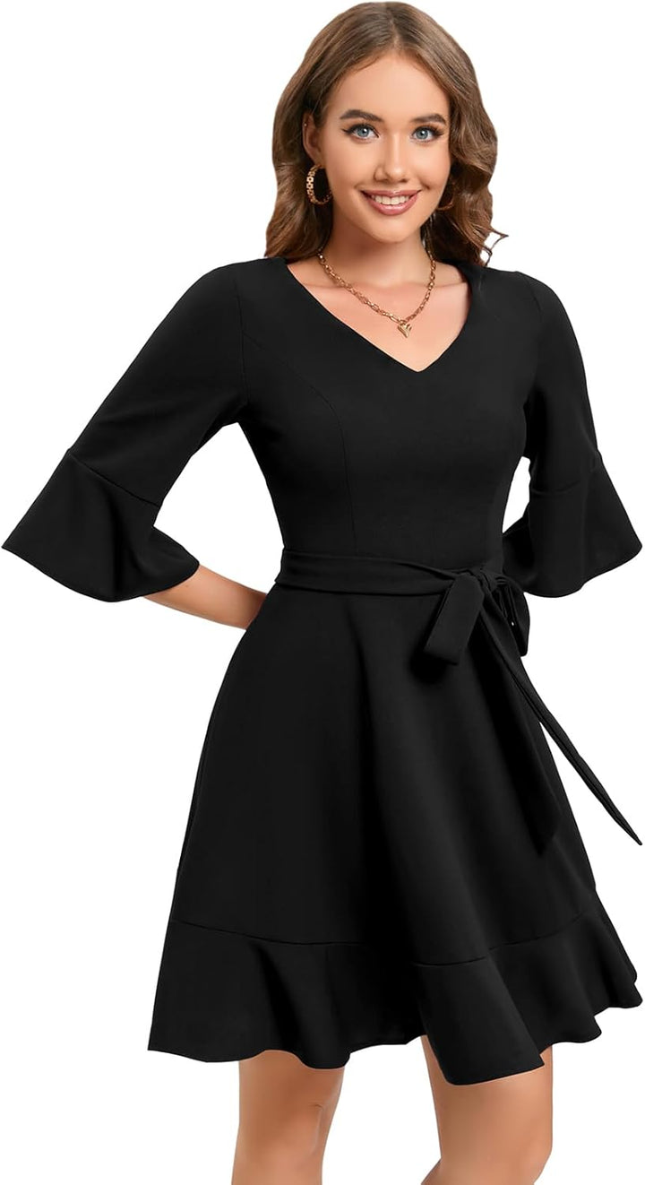 Bbonlinedress Festliche Kleider Damen V-Ausschnitt 3/4 arm Glockenärmeln Rockabilly Kleider Knielang