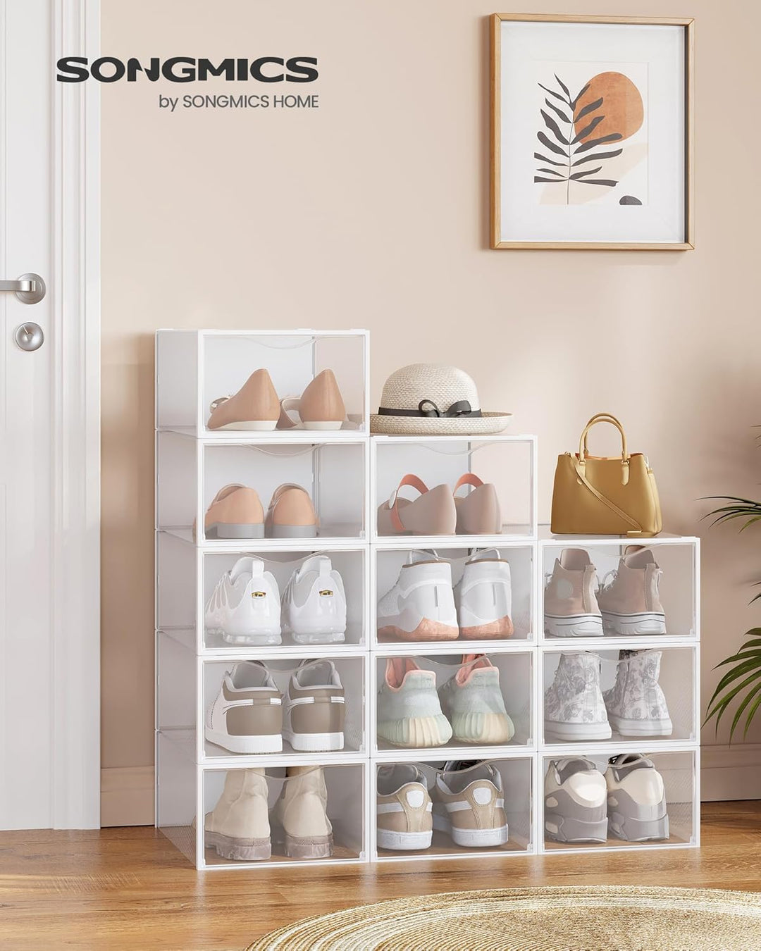 SONGMICS Schuhboxen, Schuh-Organizer aus Kunststoff, mit Tür, durchsichtig, 12er Set, stapelbar, ein