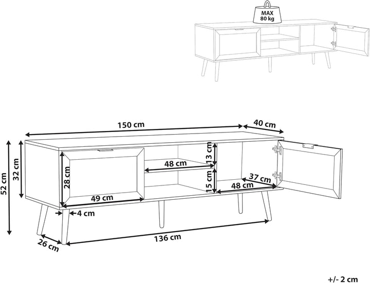 Beliani TV-Schrank Rattan schwarz/beige 2 Türen 150 x 40 x 52 cm modern Opoco