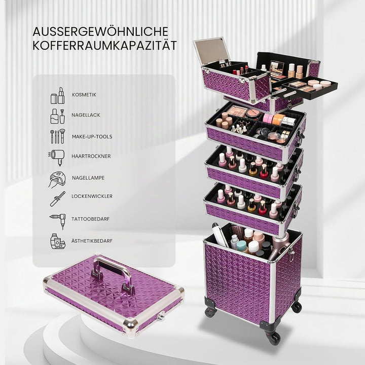 Kosmetikkoffer Trolley, 6-in-1 Schminkkoffer mit Spiegel & Schloss, Grosser Kosmetik Reisekoffer Mak