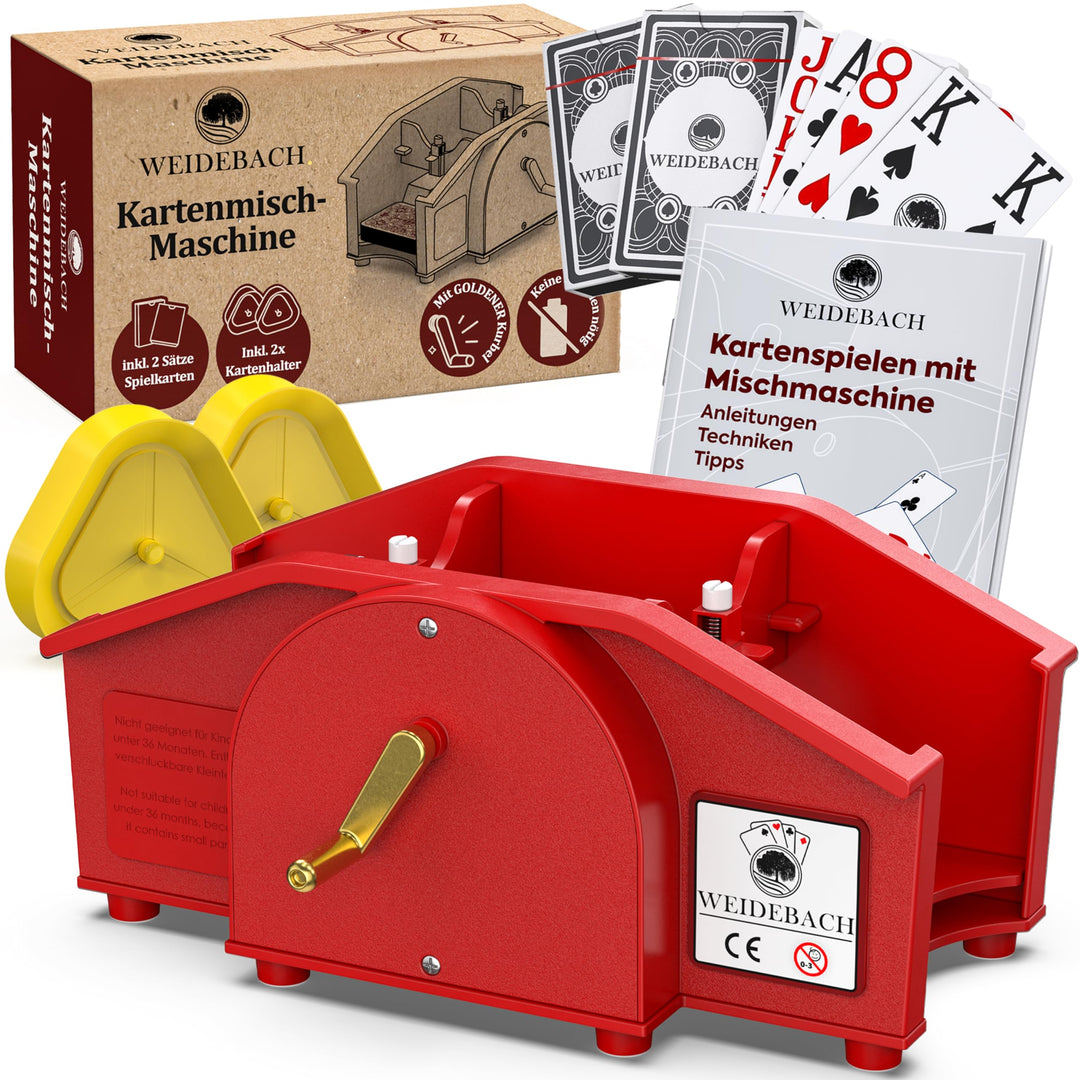 rot Kartenmischmaschine mit Goldener Kurbel für alle Standard Kartenspiele, Kartenmischer mit 2X Kar