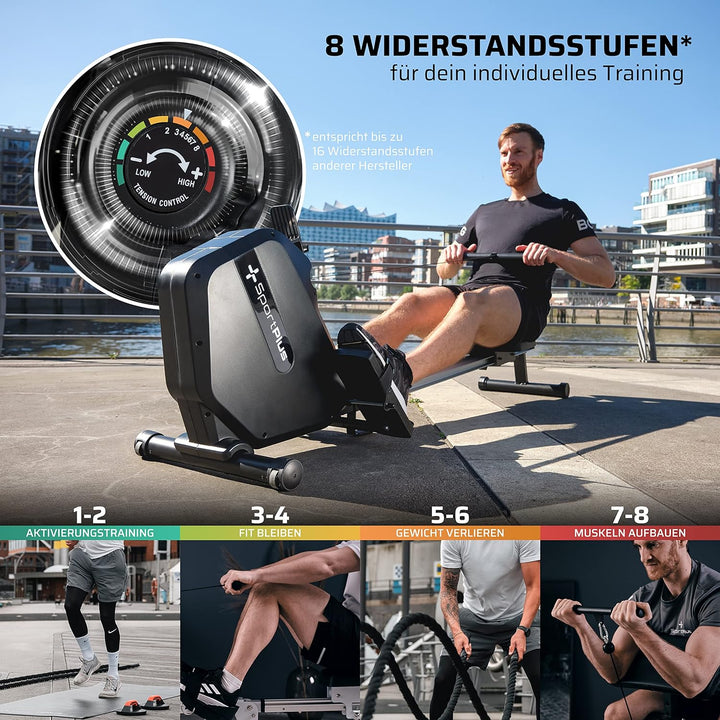 SportPlus| 2022 Modell | Rudergerät für zuhause mit Handyhalterung, klappbar & mit Transportrollen,