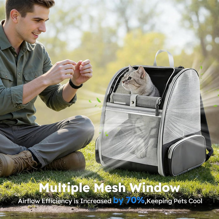 Haustier Rucksack bis 8kg mit 2 Tragbare Fressnäpfe, Faltbare Katzenrucksack Hunde Rucksack mit 3-se