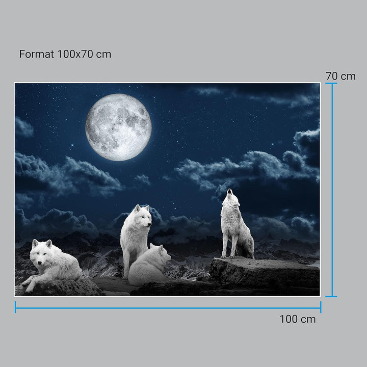 wandmotiv24 Poster als Wanddeko, Grösse 100x70cm, Wolfsrudel, Wolf, Gemälde, Mond, Wölfe, Felsen, Ti