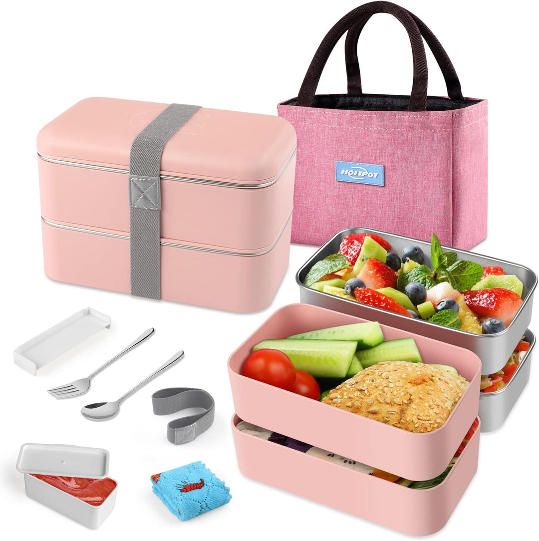 Bento Box, Lunchbox Brotdose mit Fächern 2 Ebenen mit 2 Stück Umweltfreundlichen PP & Edelstahlbehäl