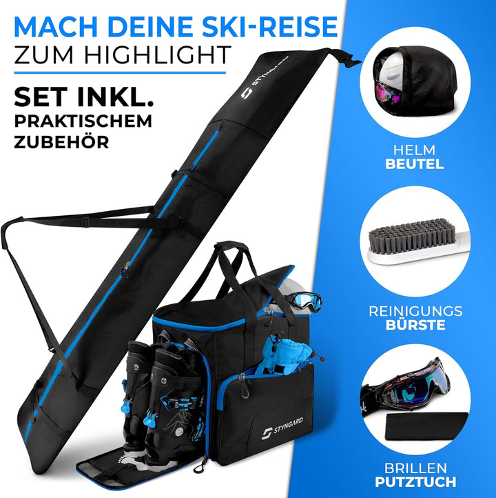 STYNGARD Skitasche Set 4-teilig (140cm-200cm) Skisack und Skischuhtasche mit Helmfach, Helmtasche, B