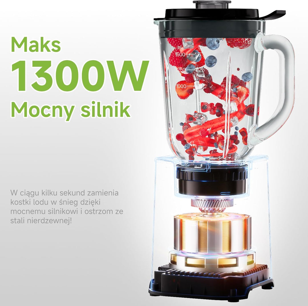 Biolomix 3-in-1-Mixer und Smoothie-Maker 1300-W-Standmixer mit 1,5-l-Glasbehälter 3 Geschwindigkeits